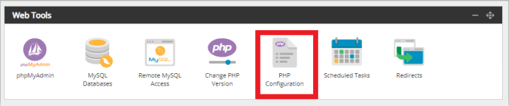 Screenshot of the Web Tools section of the hosting control panel with PHP Configuration highlighted with a red box.