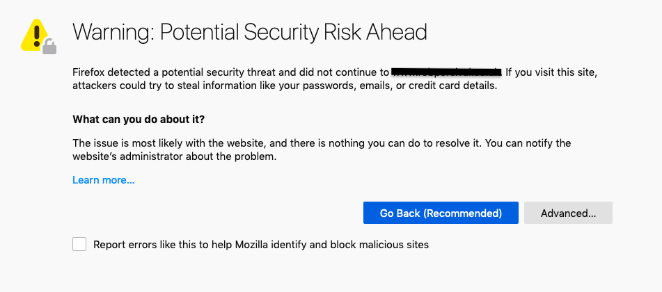 Screenshot of a Security Warning in Firefox stating that there is a potential security threat ahead, due to not having an SSL certificate.