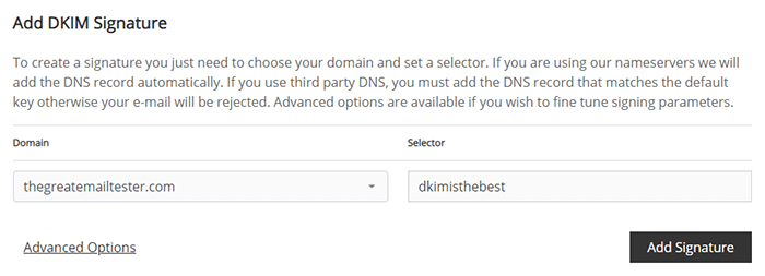 Screenshot of the Add DKIM Signature page in the Hosting Control Panel, showing where you select the Domain and enter in the Selector.
